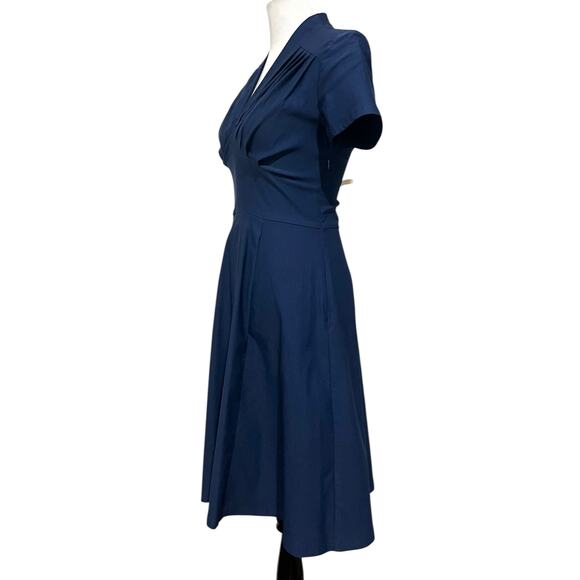 Miss Lulo Dress Navy Blue Midi Fit & Flare Pleated Short Sleeve Stretch Womens L - Picture 5 of 9